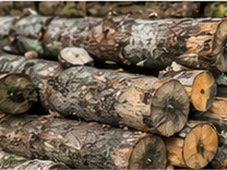 Beech logs with pale cut ends and smooth grey bark.