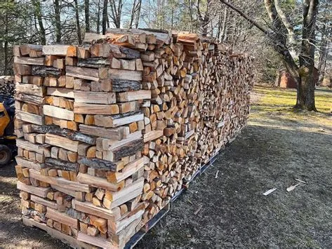 Large real outdoor stack of mixed split firewood.