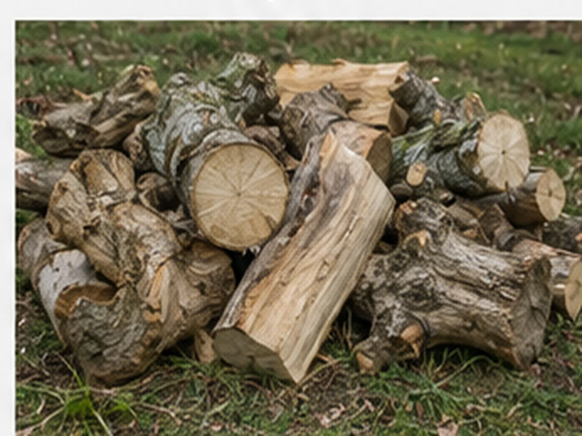 Apple wood logs and split firewood in a UK orchard.