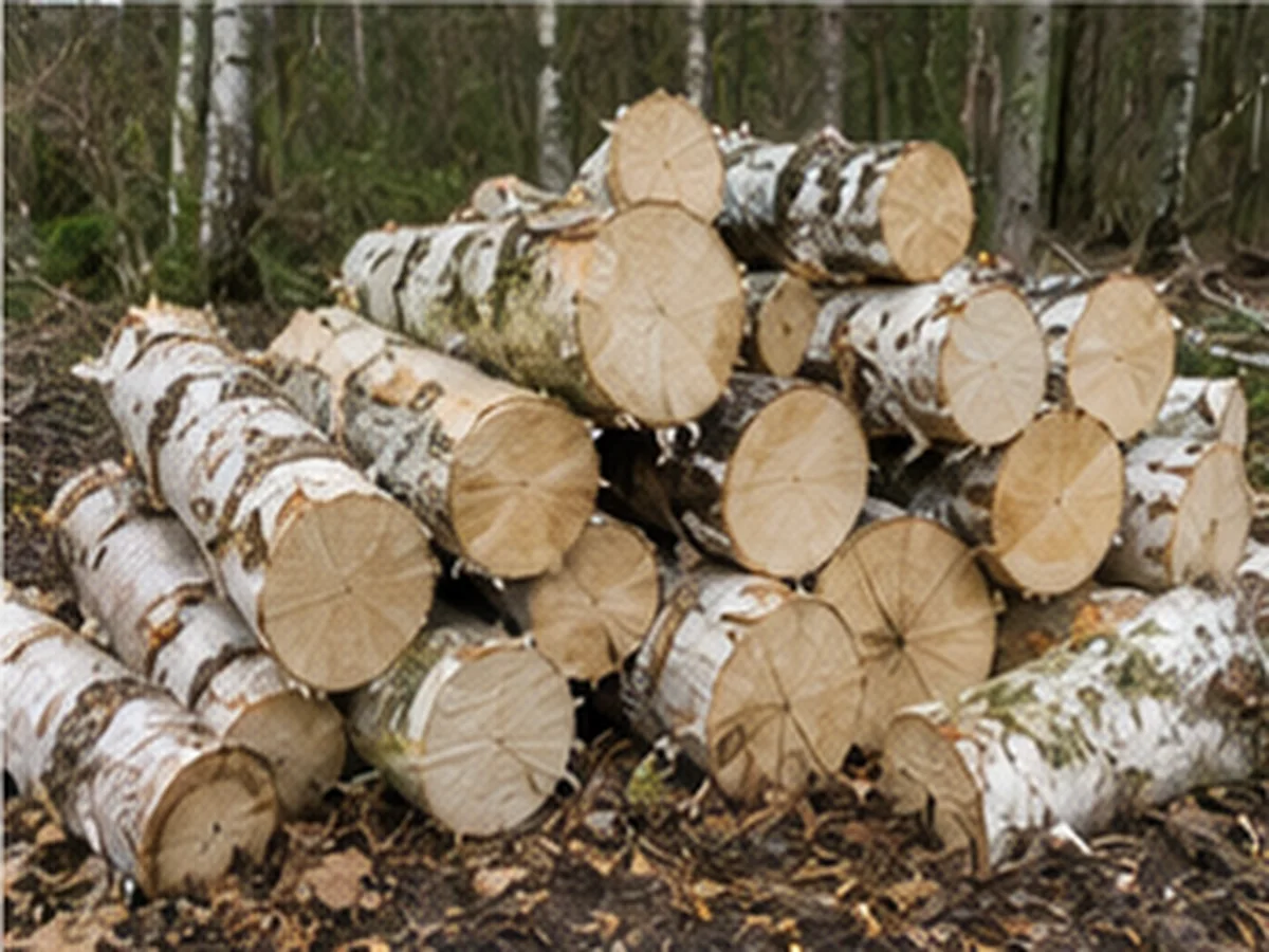 Freshly cut Birch logs and split firewood in a UK woodland-edge setting.