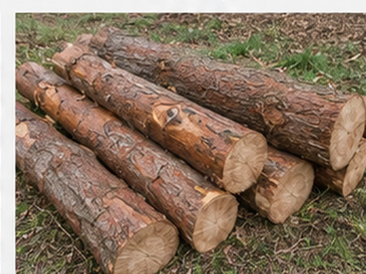 Cherry logs and split firewood in a UK orchard or garden setting.