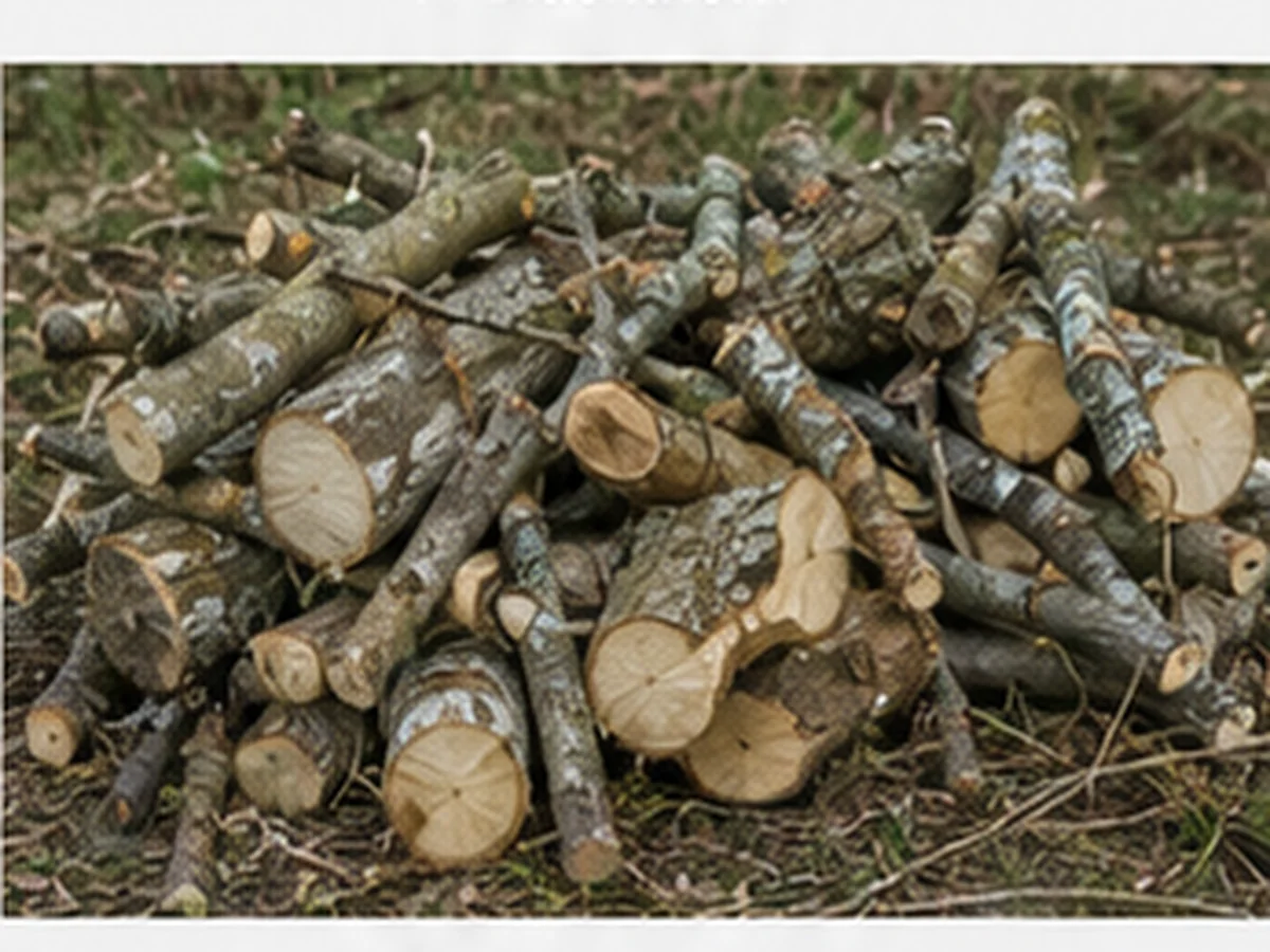 Pear and plum pruning wood prepared as firewood in a UK orchard.