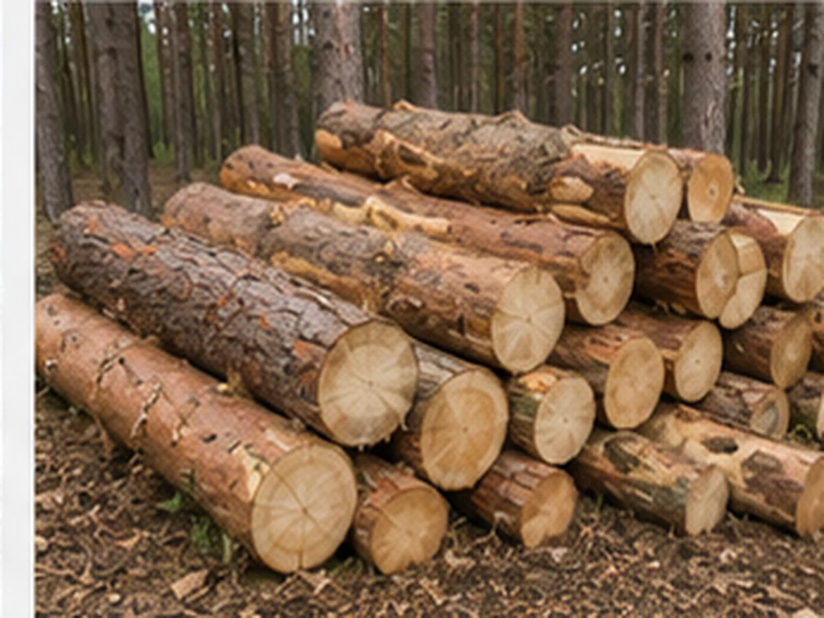 Freshly cut Scots pine logs in a UK woodland setting.
