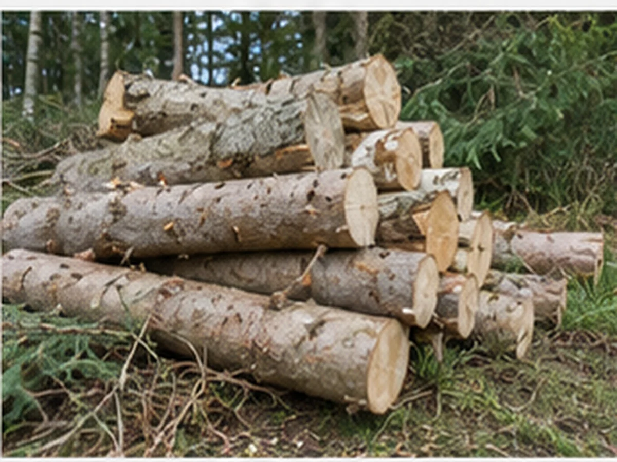 Spruce rounds and split firewood in a UK plantation setting.