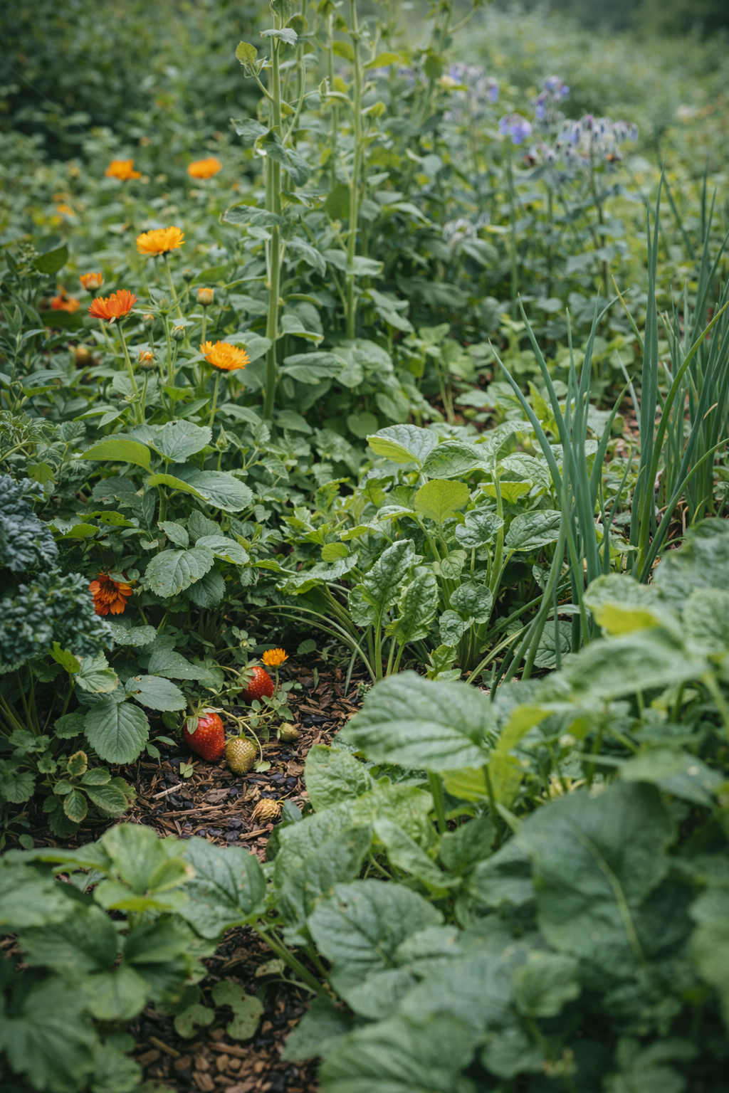 Companion planting with strawberries, leafy greens, alliums and flowering plants growing together in a permaculture garden