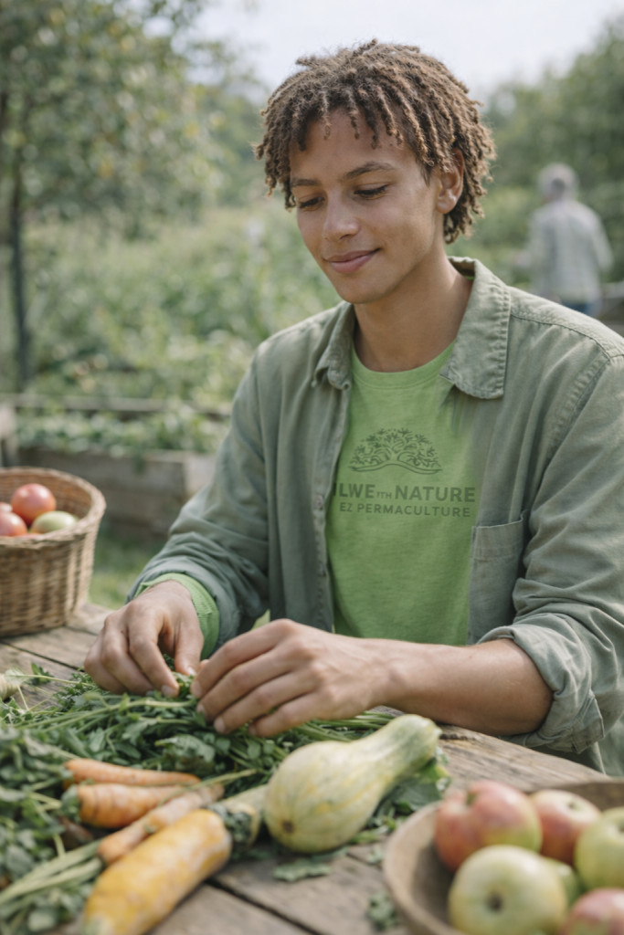 Permaculture nutrition coordinator preparing freshly harvested vegetables in a garden setting