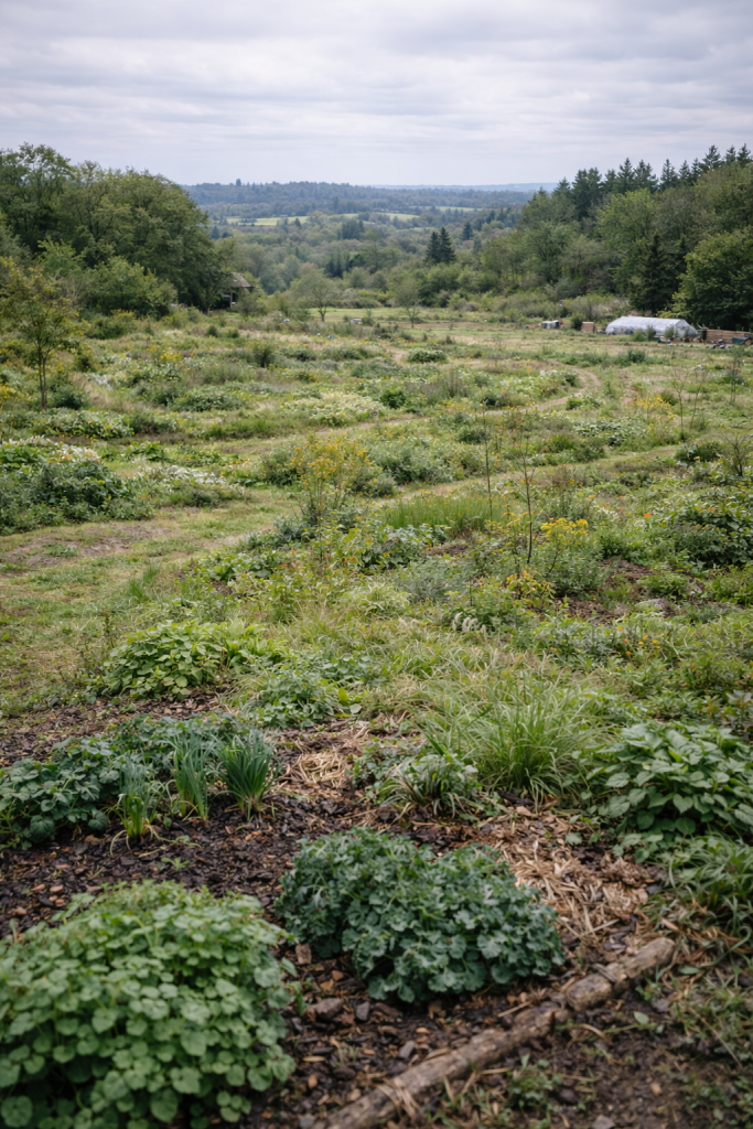 Permaculture design in the landscape with mixed planting beds, mulched paths and regenerative growing systems across rolling land