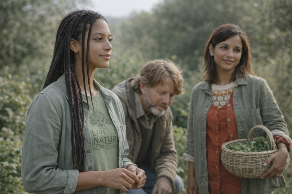 Permaculture team members observing plants and harvesting together in a regenerative garden landscape