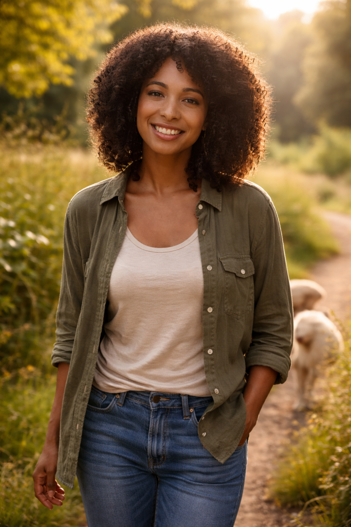 Member services representative for a permaculture community walking outdoors with dogs in a natural landscape