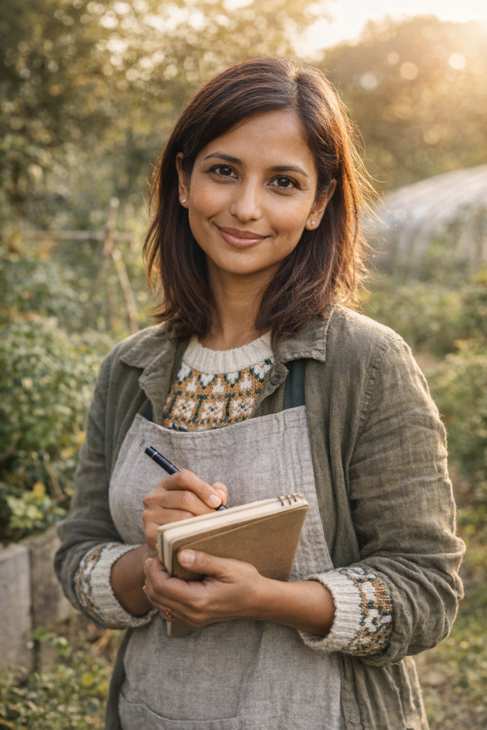 Plants manager recording garden observations in a permaculture garden at golden hour