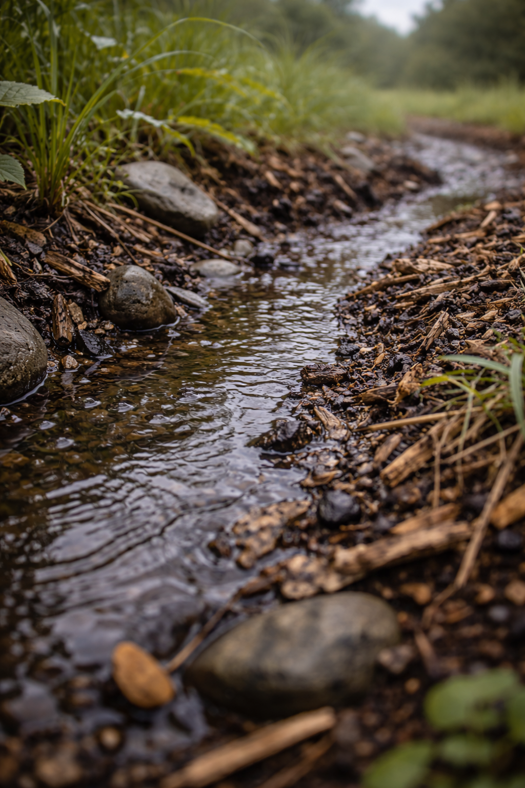 Shallow water channel guiding rainwater through a mulched permaculture landscape for infiltration