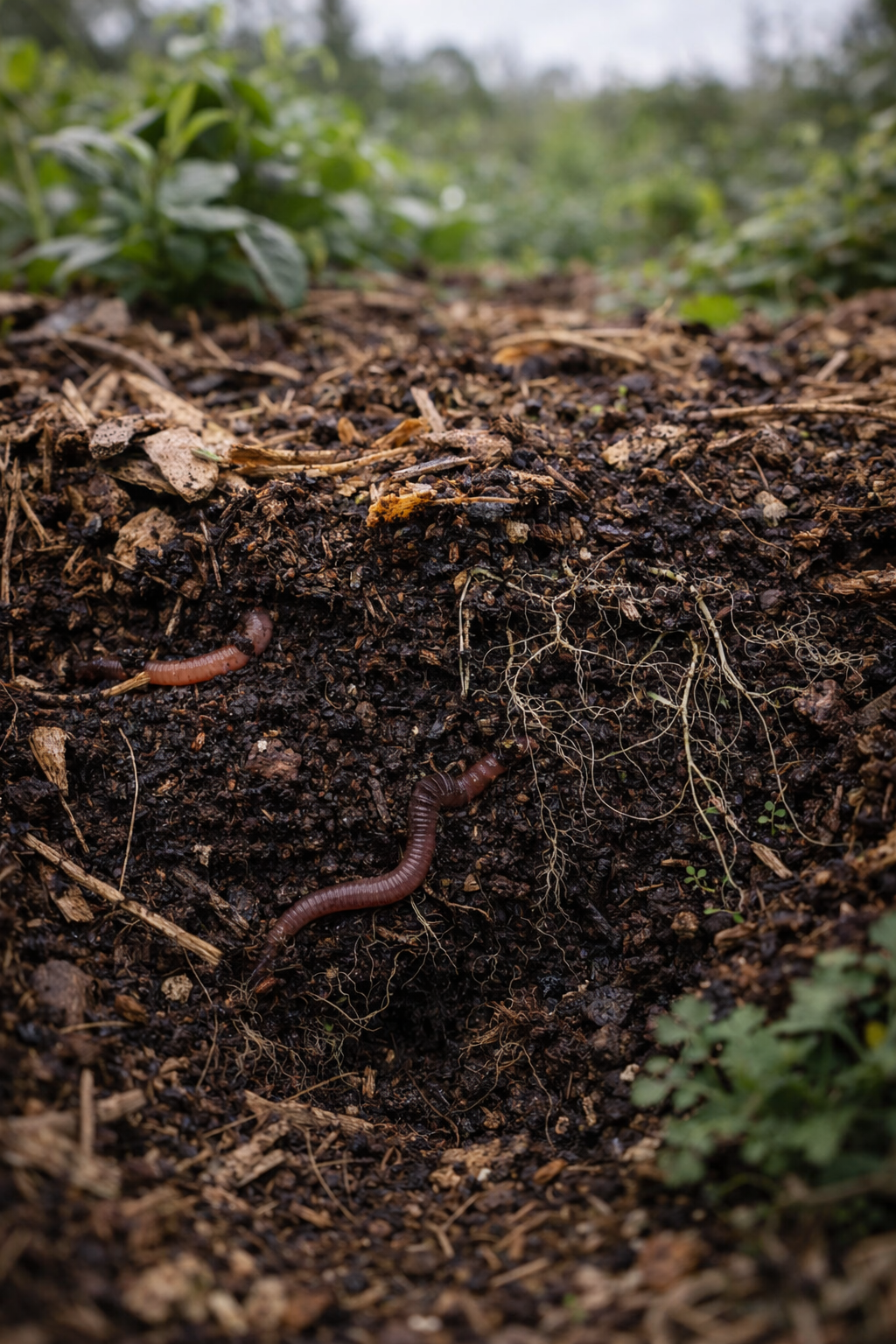Earthworms moving through rich organic soil, showing healthy soil biology in a permaculture system