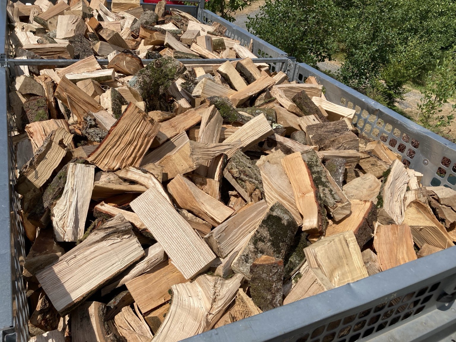 Close view of split Ash firewood loaded for handling.